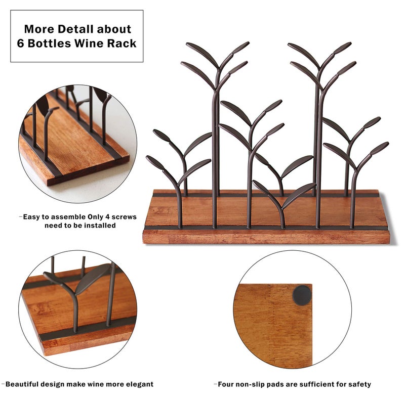 ALLCENER Countertop Bottle Rack, Tabletop Wood Bottle Holder, Hold 6 Bottles, Perfect for Home Decor & Kitchen Storage Rack, Bar, Cellar, Cabinet, Pantry, etc, Wood & Metal (Bronze) - Image 3